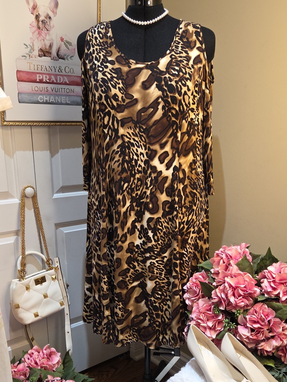 Nwot 1X Susan Graver Leopard Print Midi Dress in Brown and Tan